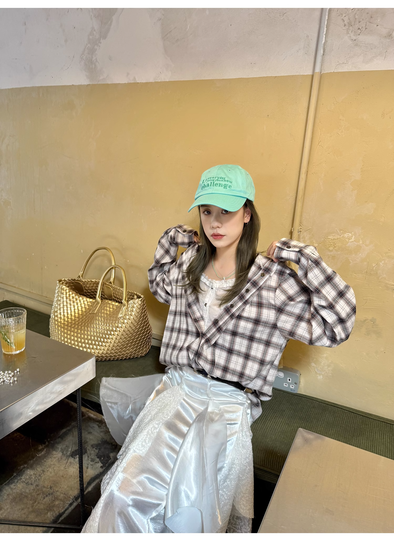 LelyMooch  フード付きミディ丈長袖チェックシャツ  LEM101