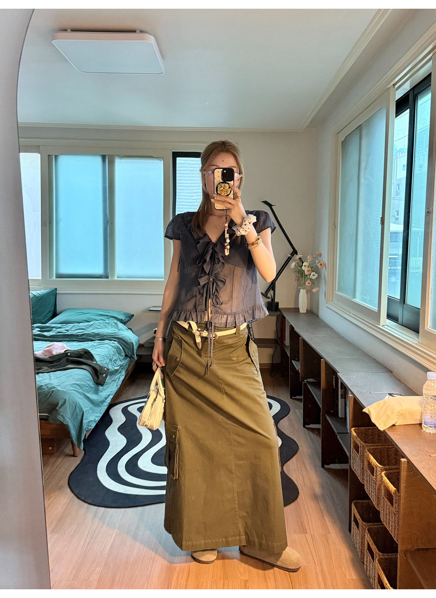 LelyMooch くしゅくしゅ涼感チェック フリルシャツ  LEM175