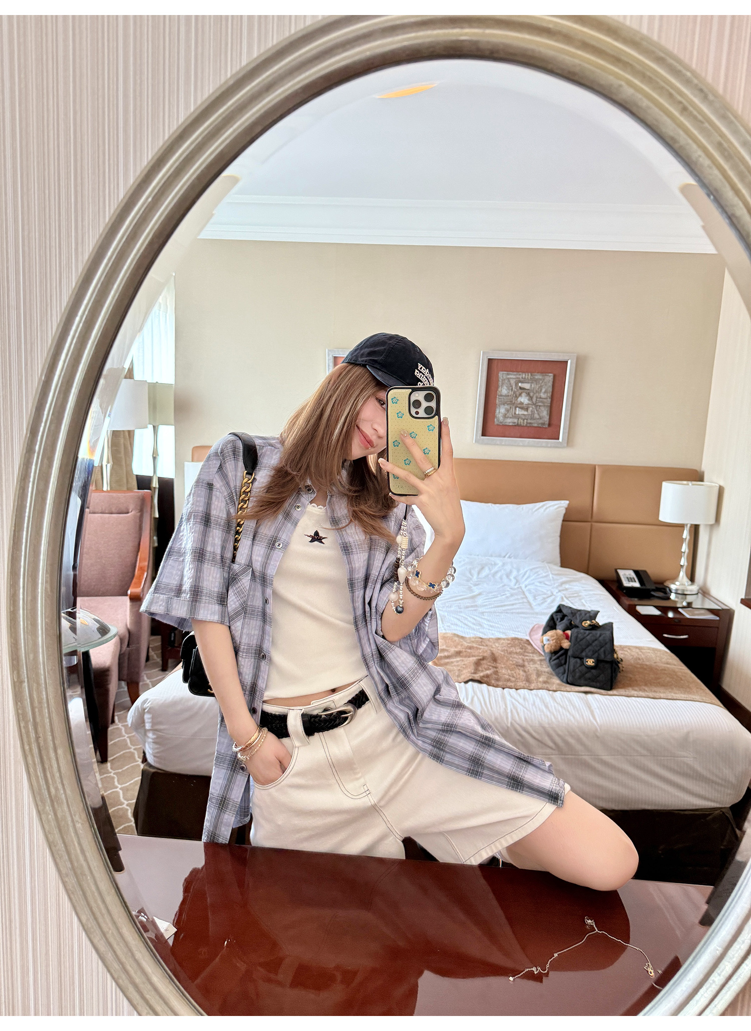 LelyMooch パープル格子柄・軽量半袖シャツ  LEM198