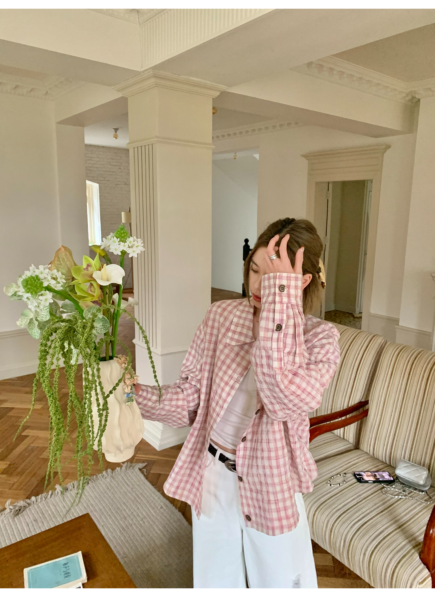 LelyMooch ピンクチェック リネン風　シャツジャケット  LEM119