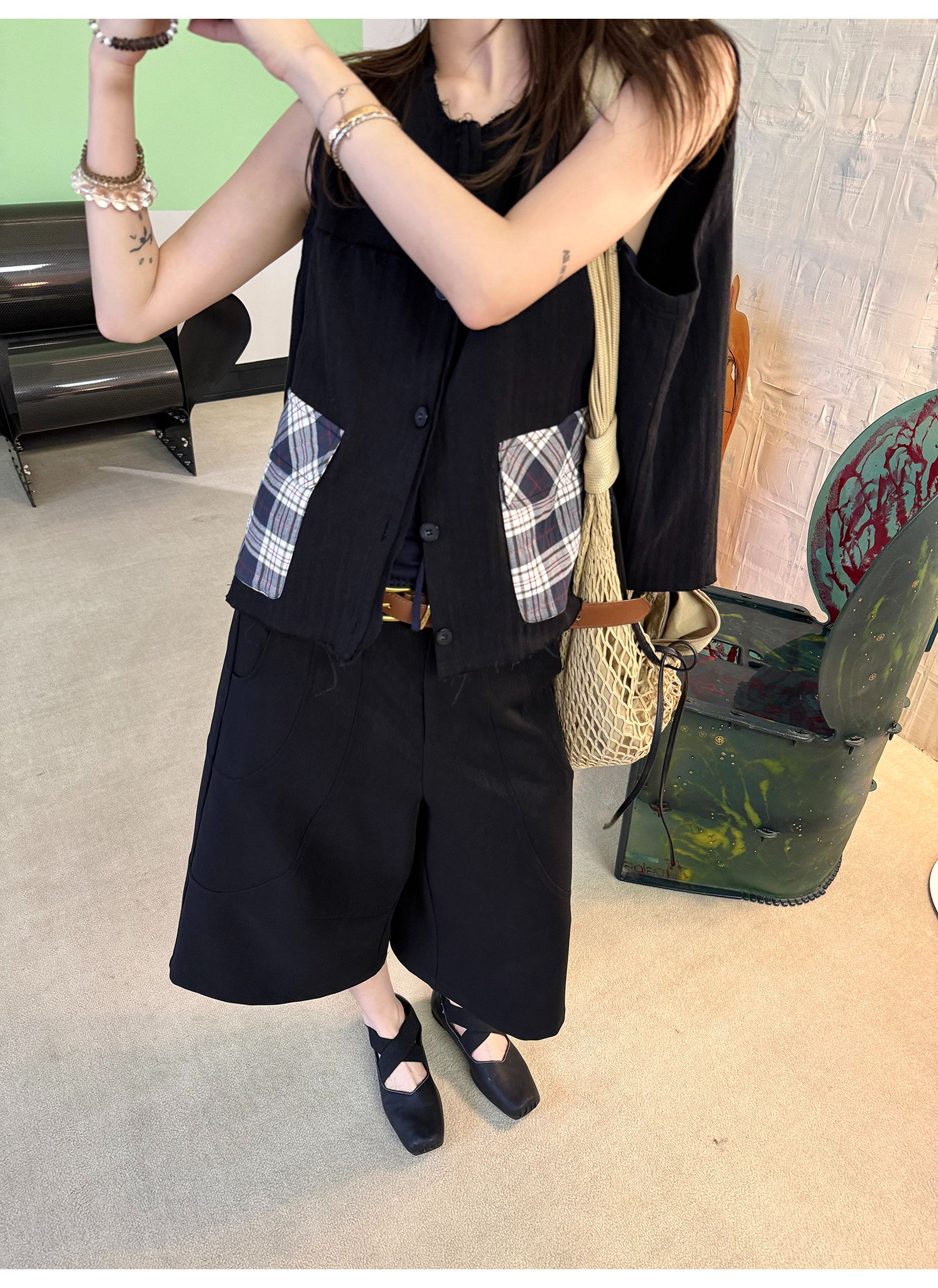 LelyMooch 配色チェック柄ノースリーブベスト  LEM218