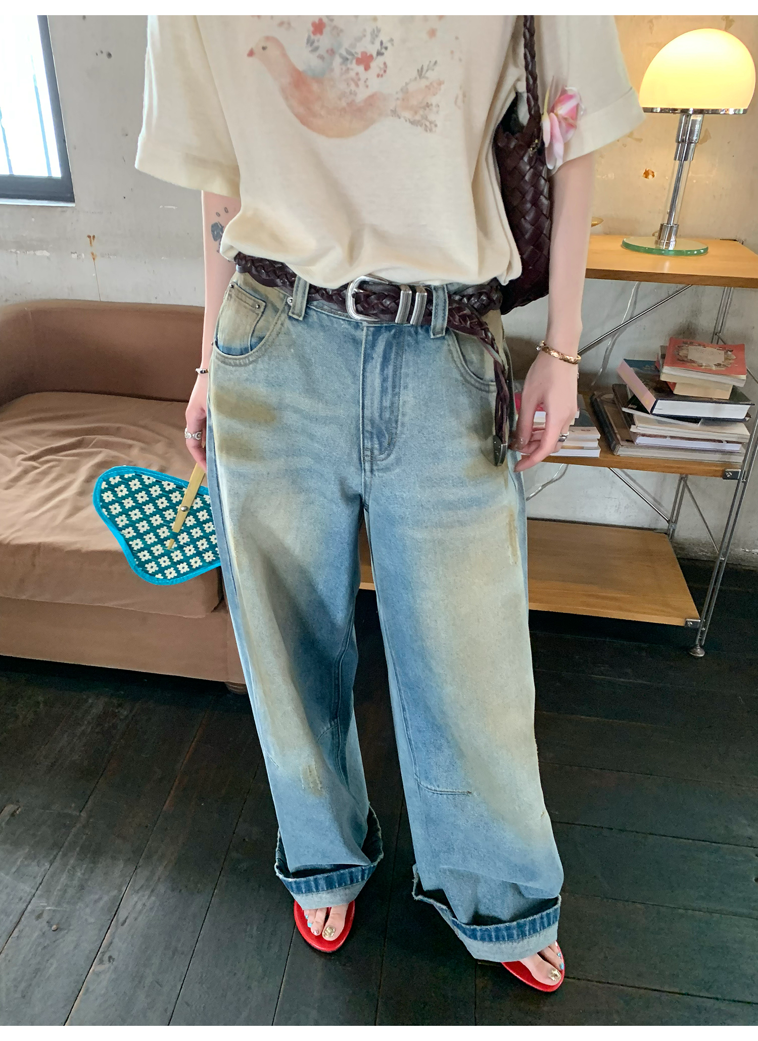 LelyMooch ヴィンテージ風 デニム　刺繍ポケット  LEM147