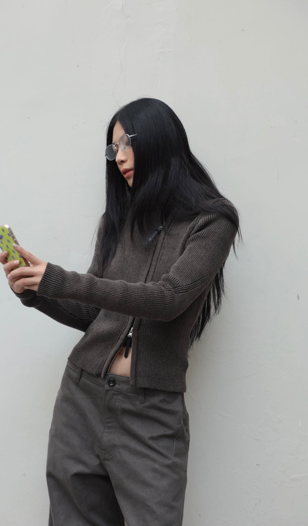 斜めジップ 半ハイネック 構築ニット  LOM036