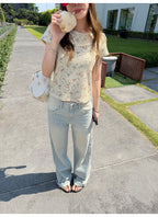 LelyMooch 花柄 ワッフル素材 ショート丈Tシャツ  LEM343