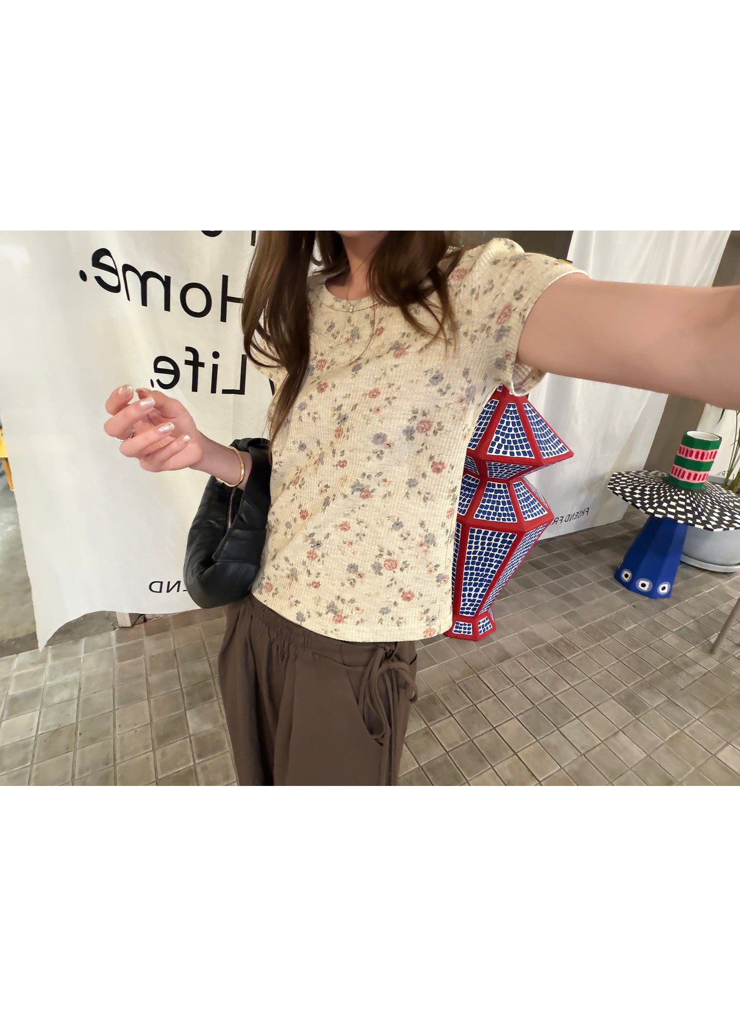 LelyMooch 花柄 ワッフル素材 ショート丈Tシャツ  LEM343