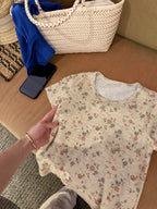 LelyMooch 花柄 ワッフル素材 ショート丈Tシャツ  LEM343